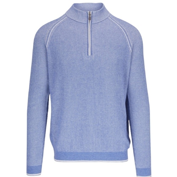RAFFI Pool Blue English Rib Quarter Zip Cotton Pullover Men’s - Picture 1 of 11